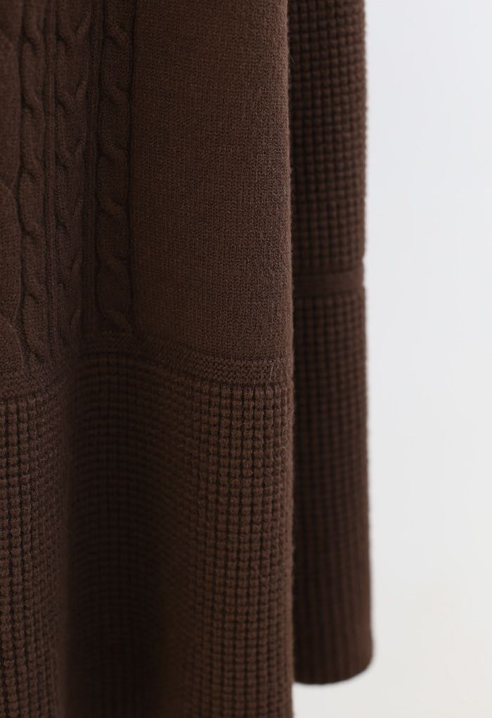 Braid Texture Soft Knit A-Line Midi Skirt in Brown