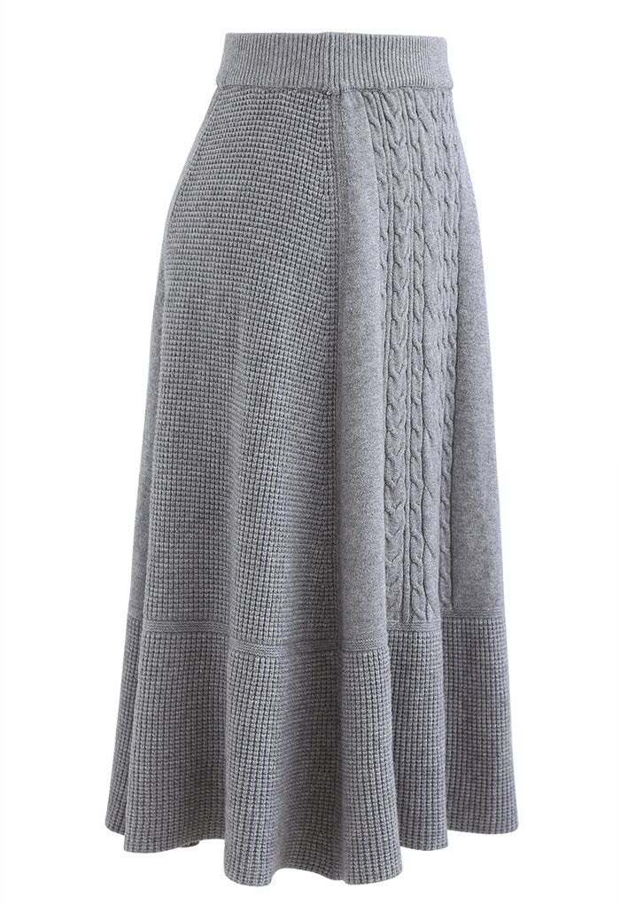 Braid Texture Soft Knit A-Line Midi Skirt in Grey