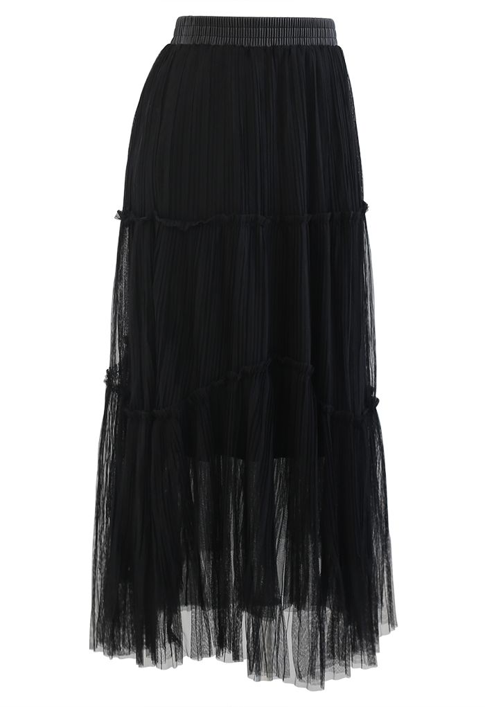 Soft Mesh Ruffle Detail Pleated Skirt in Black