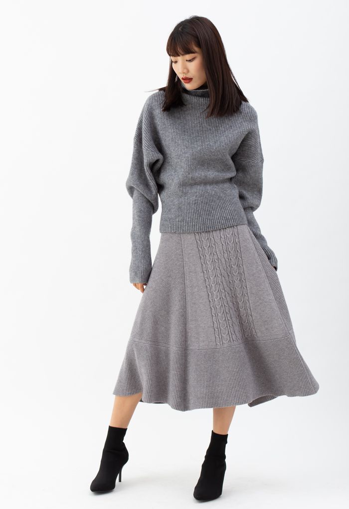 Braid Texture Soft Knit A-Line Midi Skirt in Grey