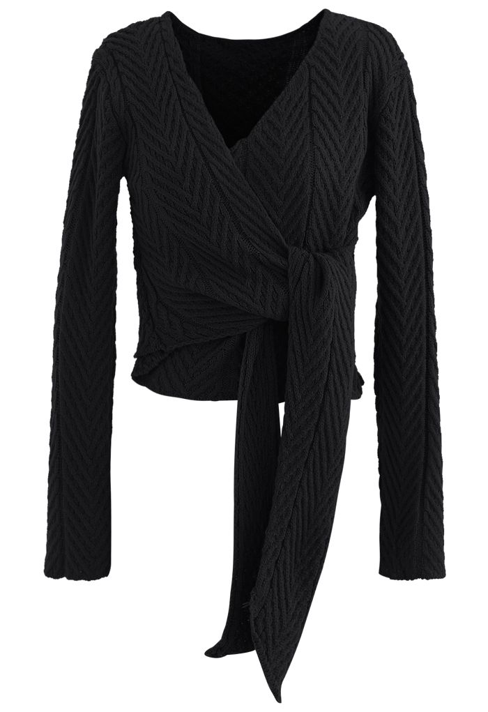 Plunging Wrap Tie Crop Knit Sweater in Black