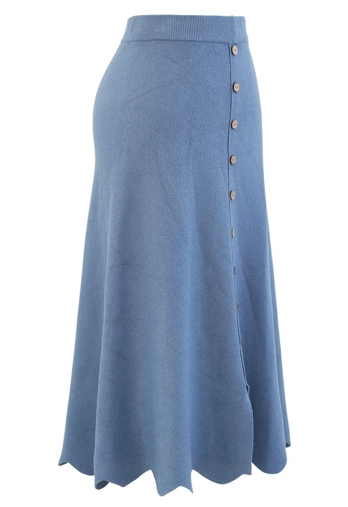 Scrolled Hem Button Knit Midi Skirt in Blue