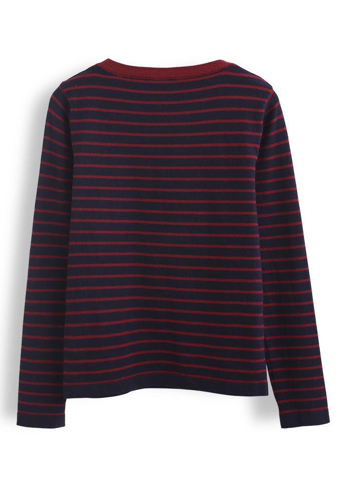 Oblique Collar Striped Knit Top in Navy