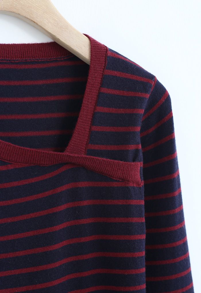Oblique Collar Striped Knit Top in Navy