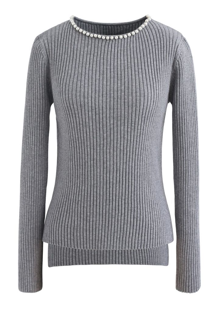 Pearl Neck Ribbed Hi-Lo Knit Sweater in Grey