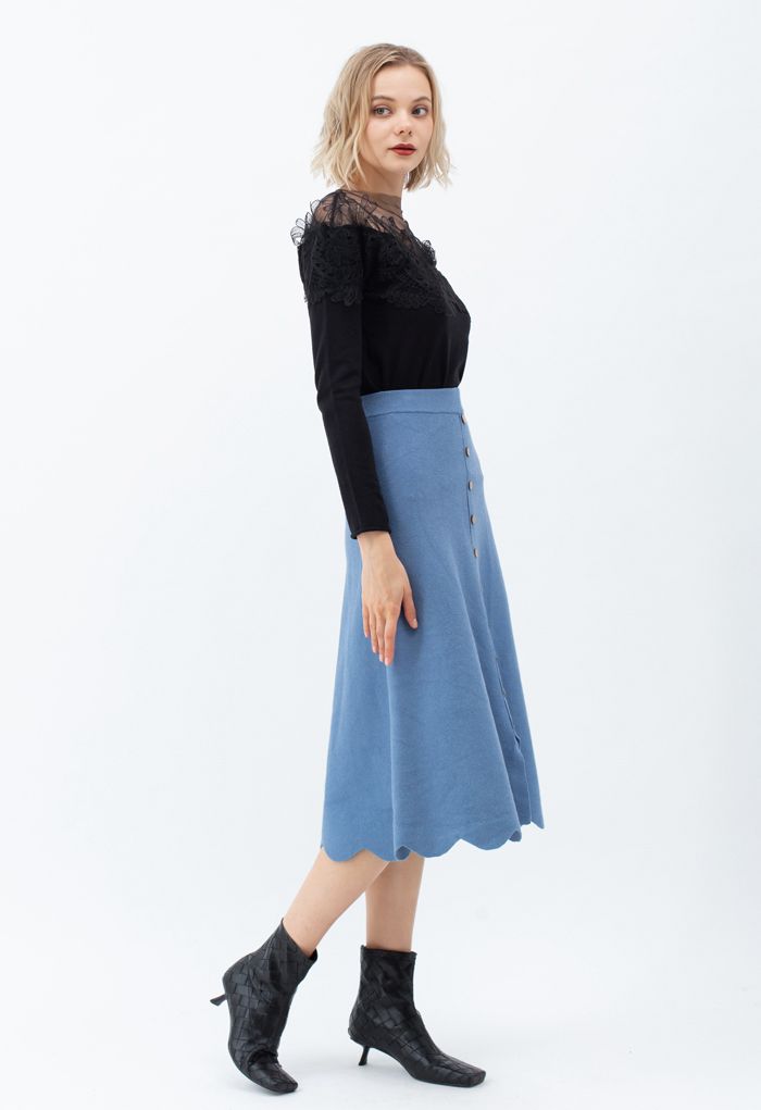 Scrolled Hem Button Knit Midi Skirt in Blue