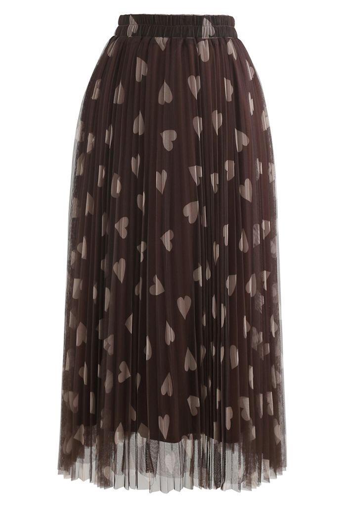 Heart Print Double-Layered Mesh Tulle Skirt in Brown