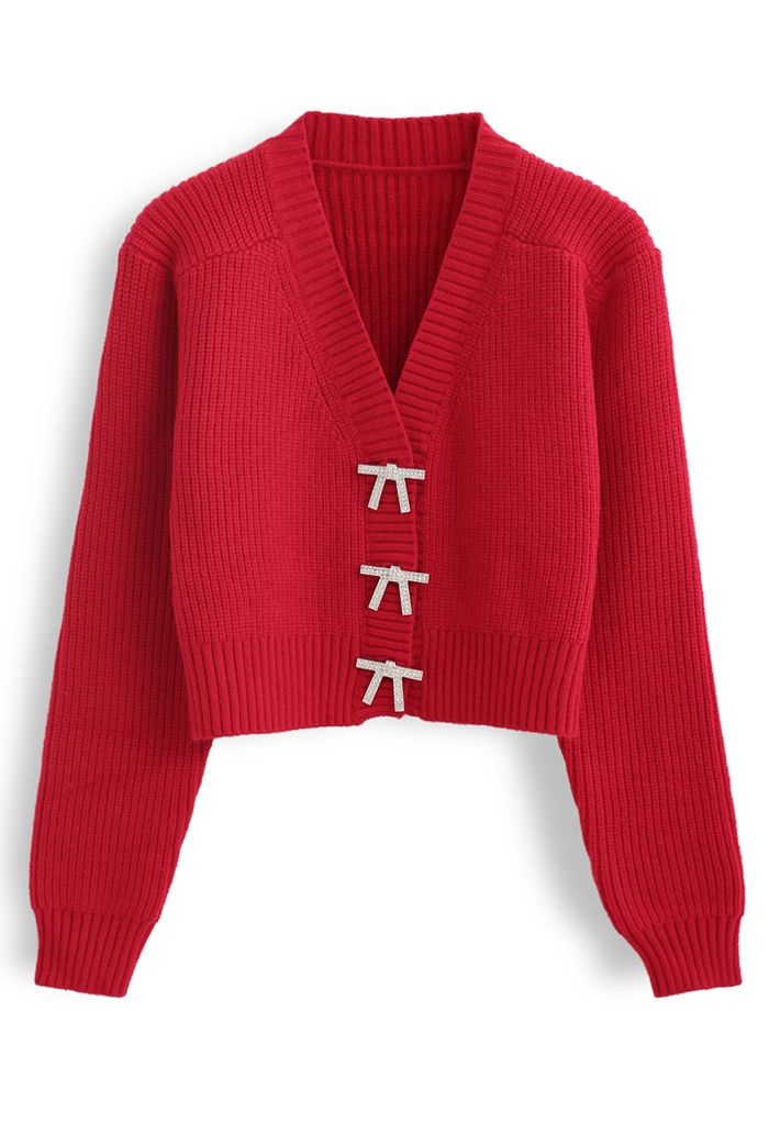 蝴蝶結胸針裝飾短款針織開衫-紅色