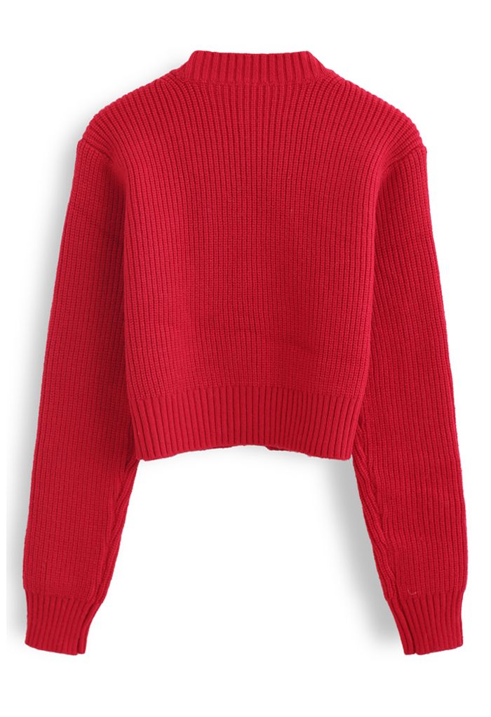 蝴蝶結胸針裝飾短款針織開衫-紅色