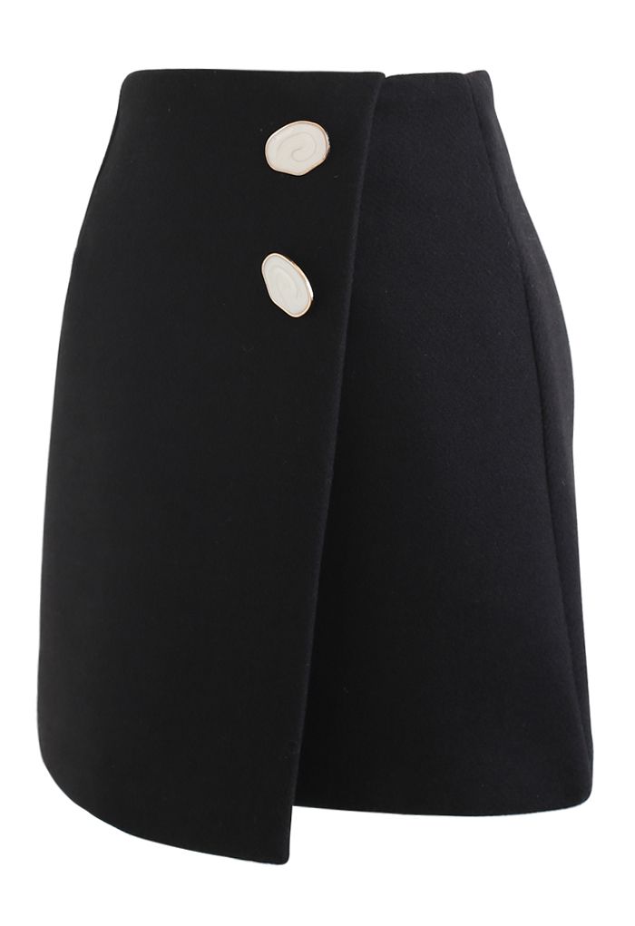 Marble Button Flap Mini Skirt in Black