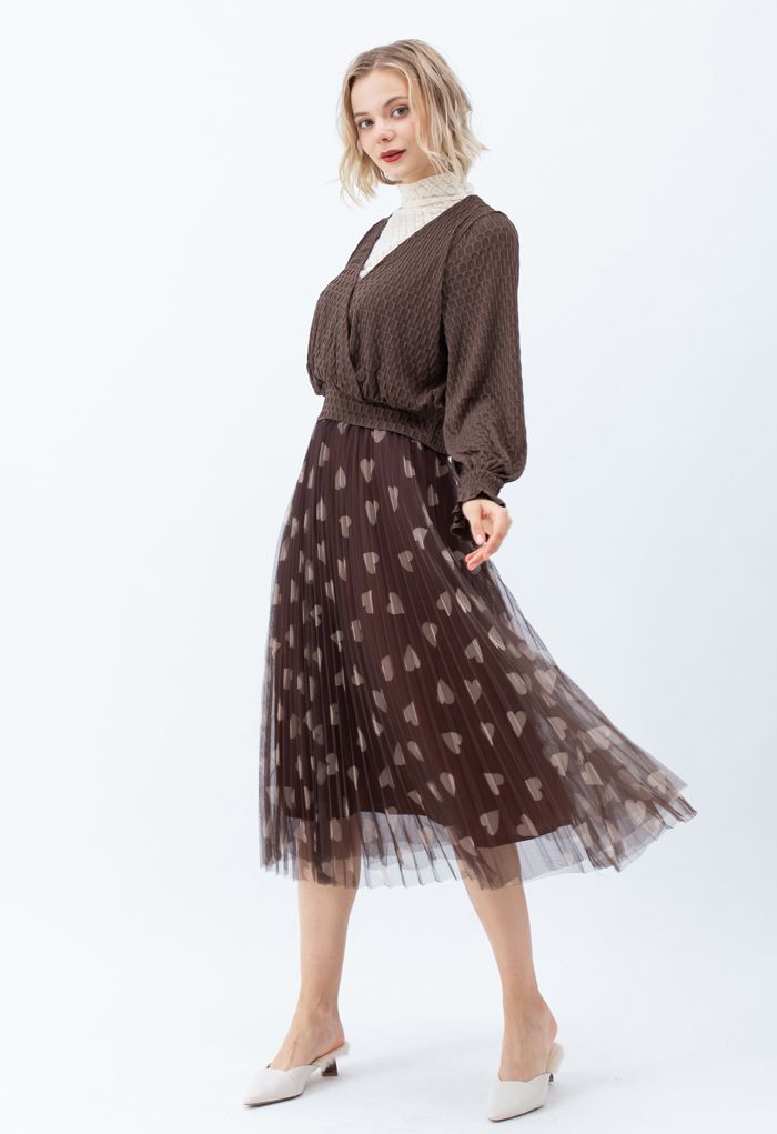 Heart Print Double-Layered Mesh Tulle Skirt in Brown