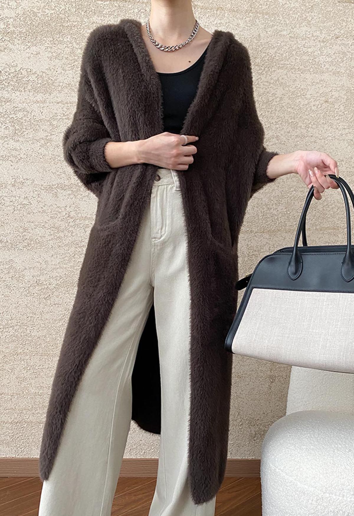 Fluffy Open Front Hooded Longline Knit Cardigan in Brown