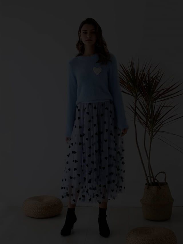 3D愛心雙層網紗半身長裙-藍色