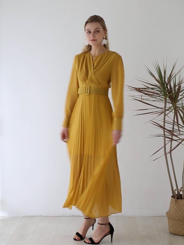 Flowy Chiffon Wrap Pleated Maxi Dress in Yellow