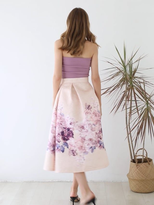 淡紫色牡丹壓花半身中長裙