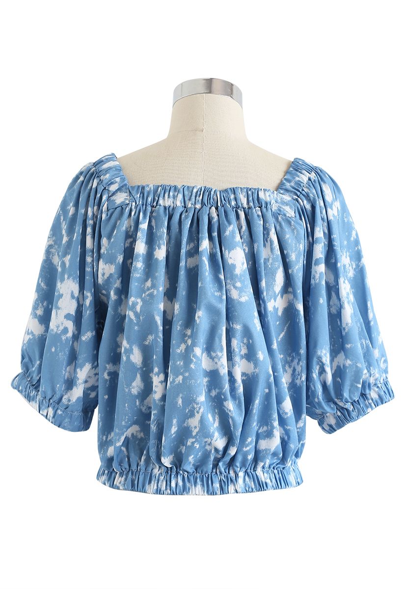 Tie-Dye Square Neck Puff Sleeves Top in Light Blue