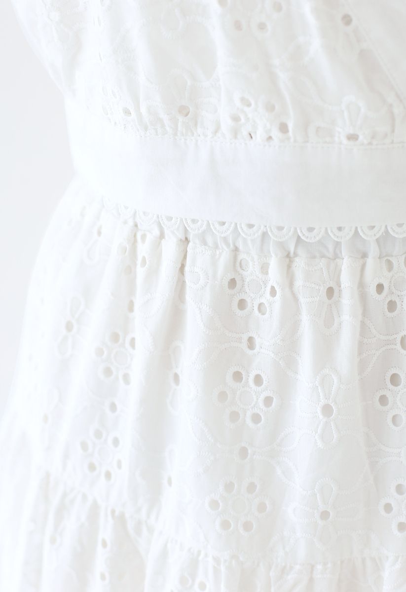 Eyelet Embroidery Batwing Sleeves Crop Top and Skirt Set in White