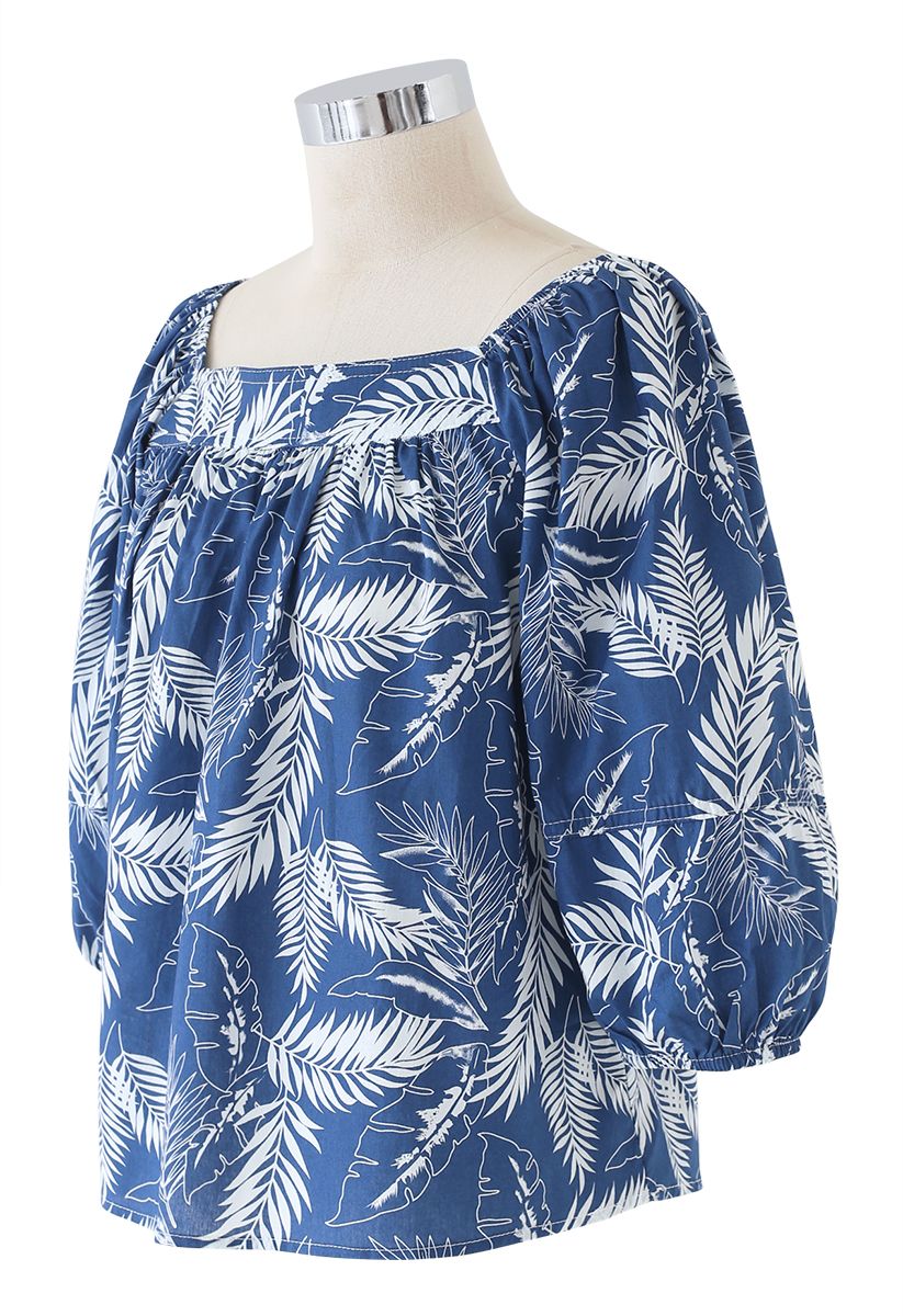 Square Neck Plantain Leaves Dolly Top in Indigo