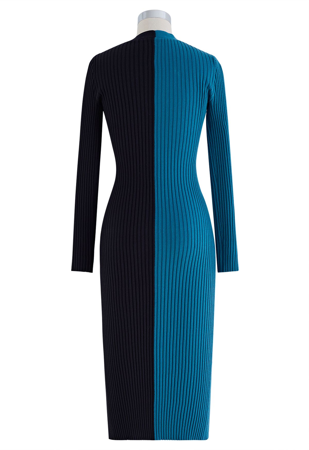 Button Down Two-Tone Spliced Bodycon Knit Dress in Teal