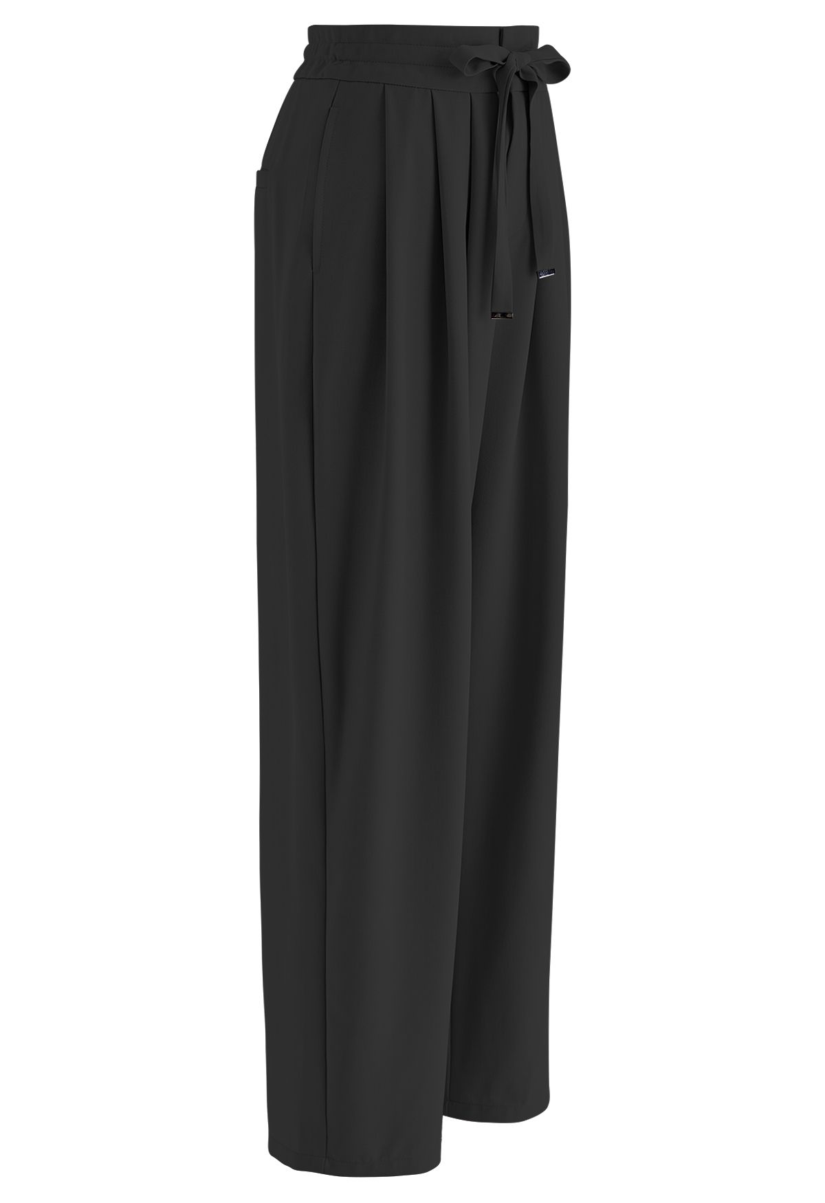 Pleated Detail Drawstring Waist Wide-Leg Pants in Black