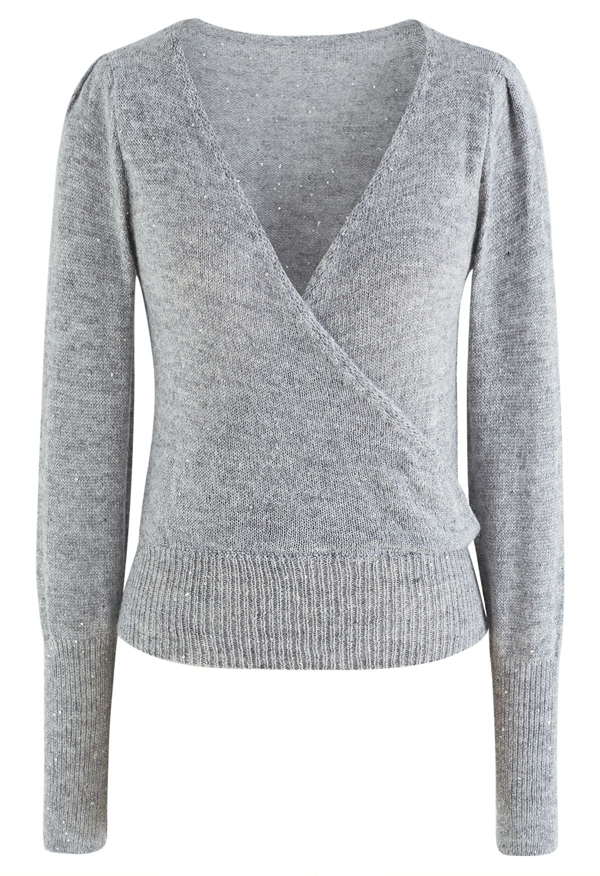 Lightweight Sequins Wrapped Knit Top in Grey