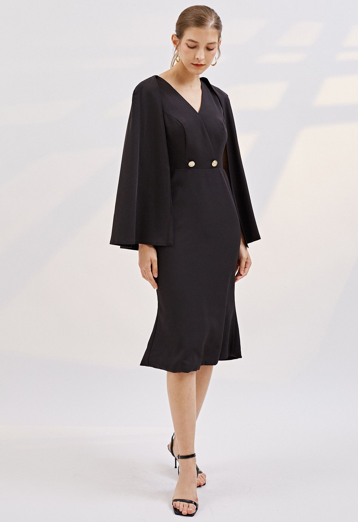 Golden Button Cape Sleeve Cocktail Dress in Black