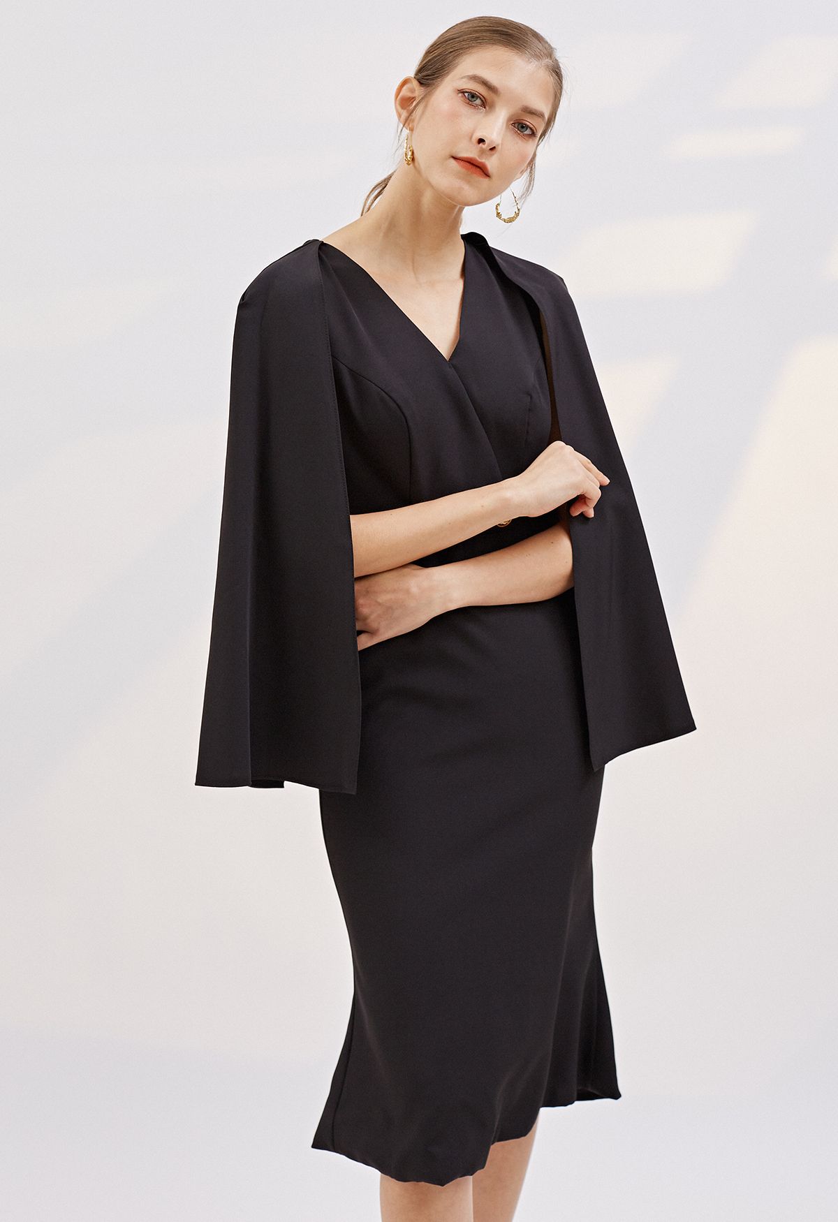 Golden Button Cape Sleeve Cocktail Dress in Black