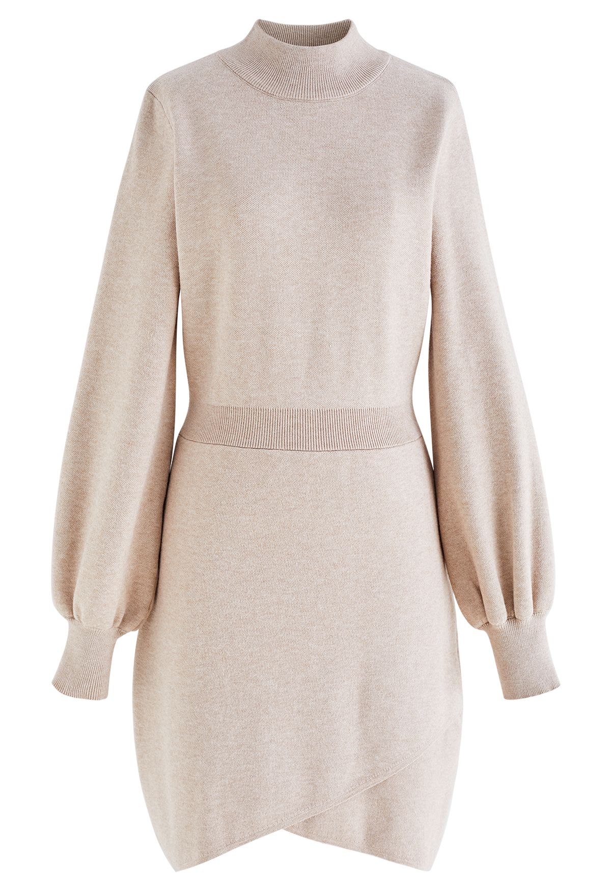 Mock Neck Cross Hem Knit Midi Dress in Light Tan