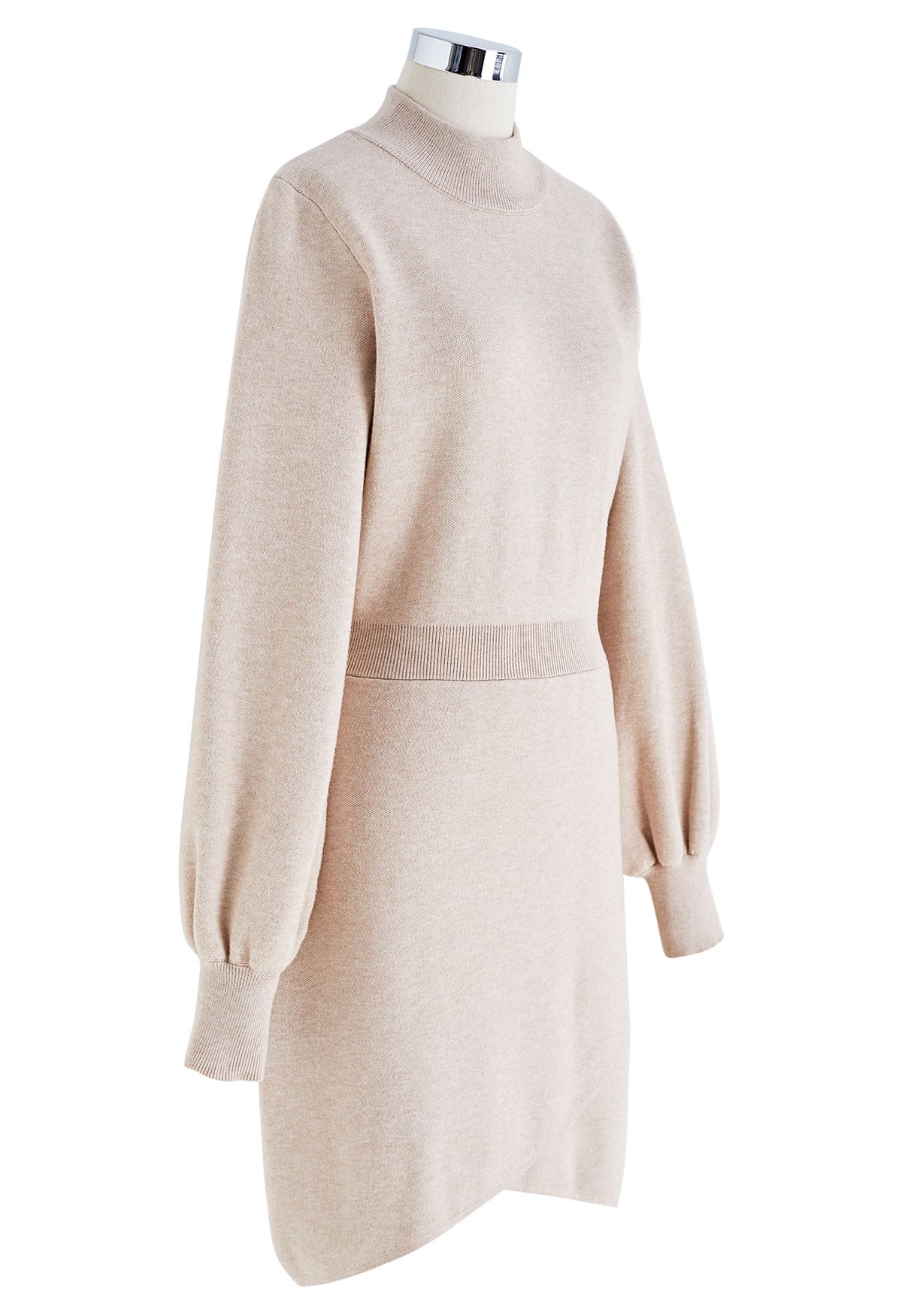 Mock Neck Cross Hem Knit Midi Dress in Light Tan