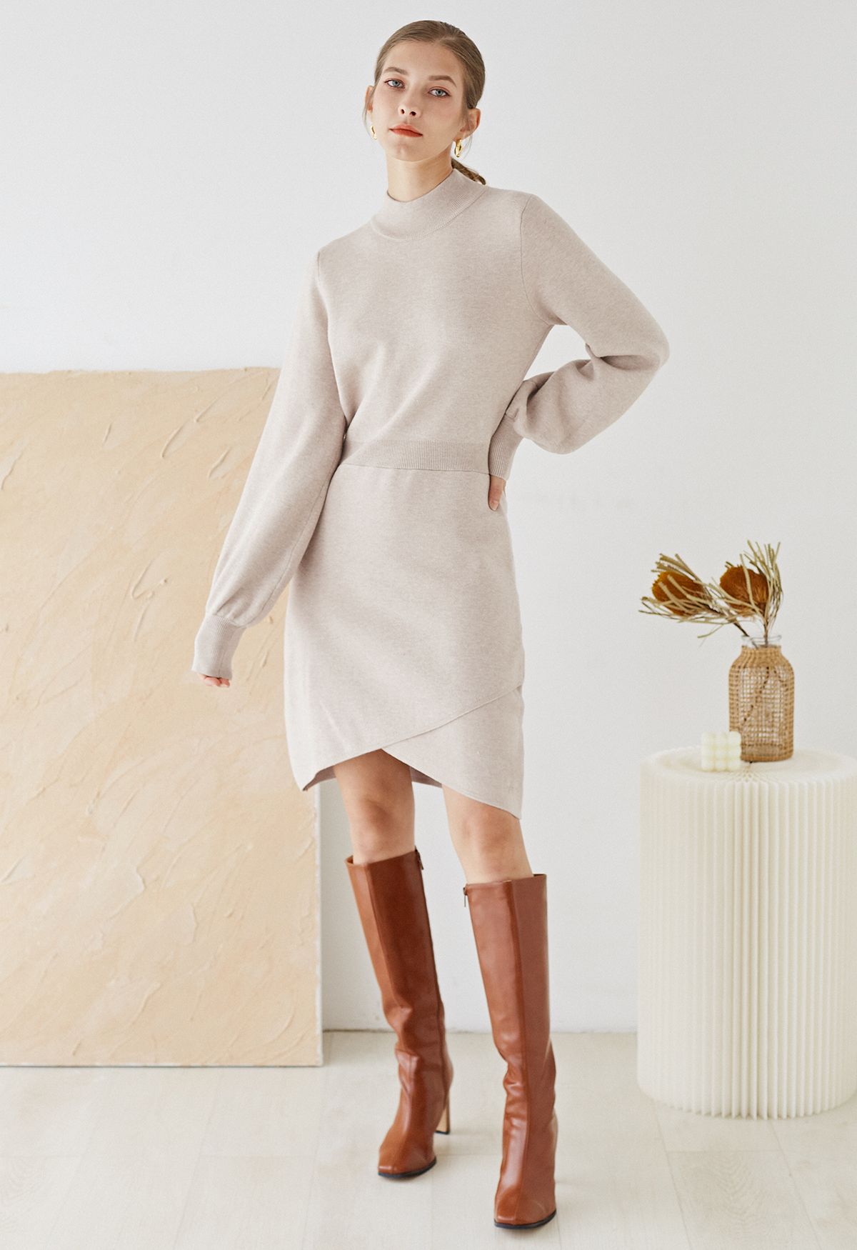 Mock Neck Cross Hem Knit Midi Dress in Light Tan