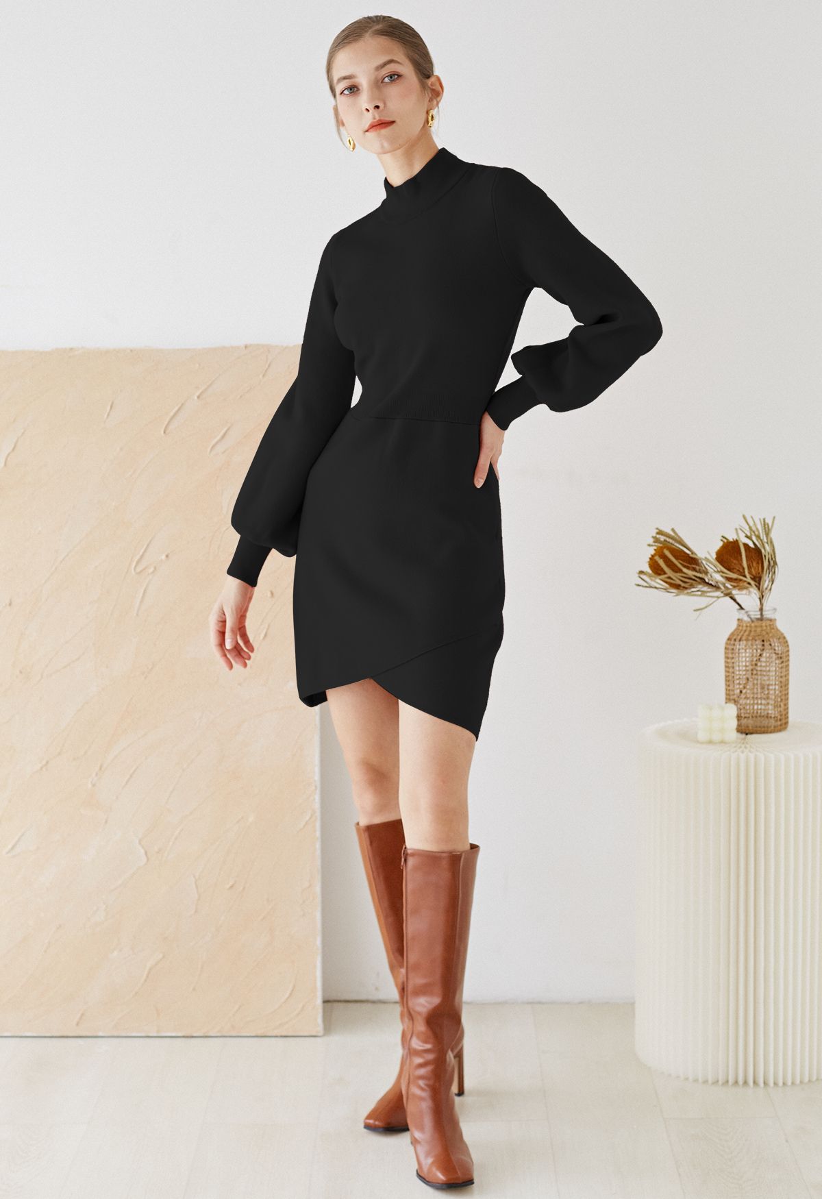 Mock Neck Cross Hem Knit Midi Dress in Black