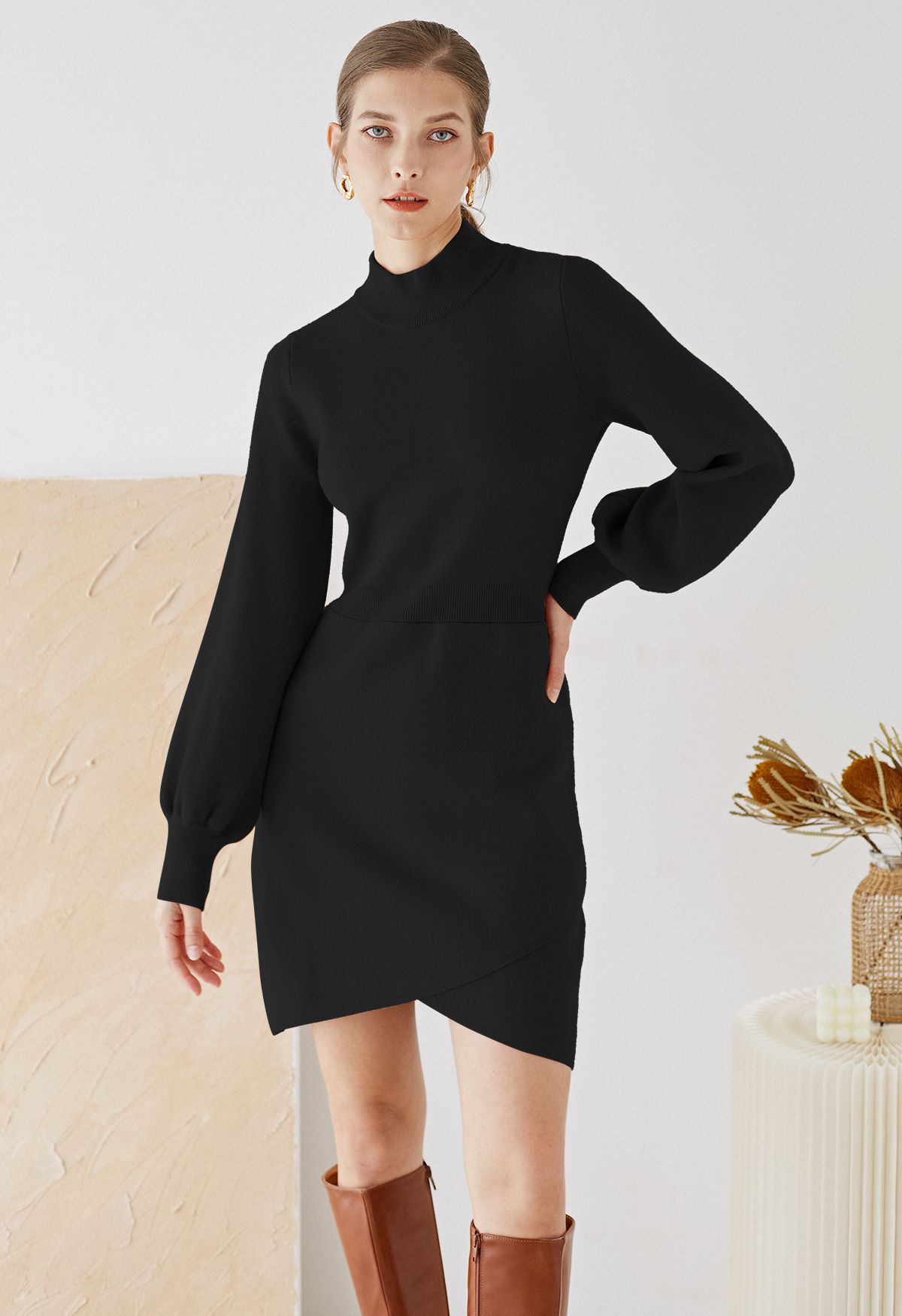 Mock Neck Cross Hem Knit Midi Dress in Black