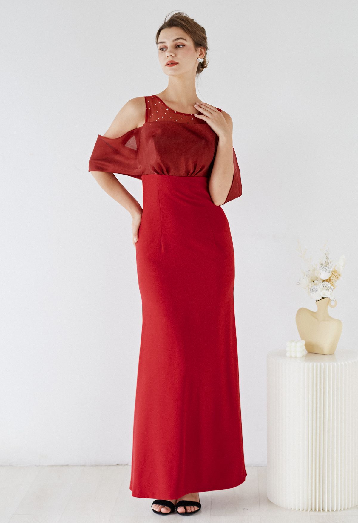Spliced Organza Cold-Shoulder Gown in Red