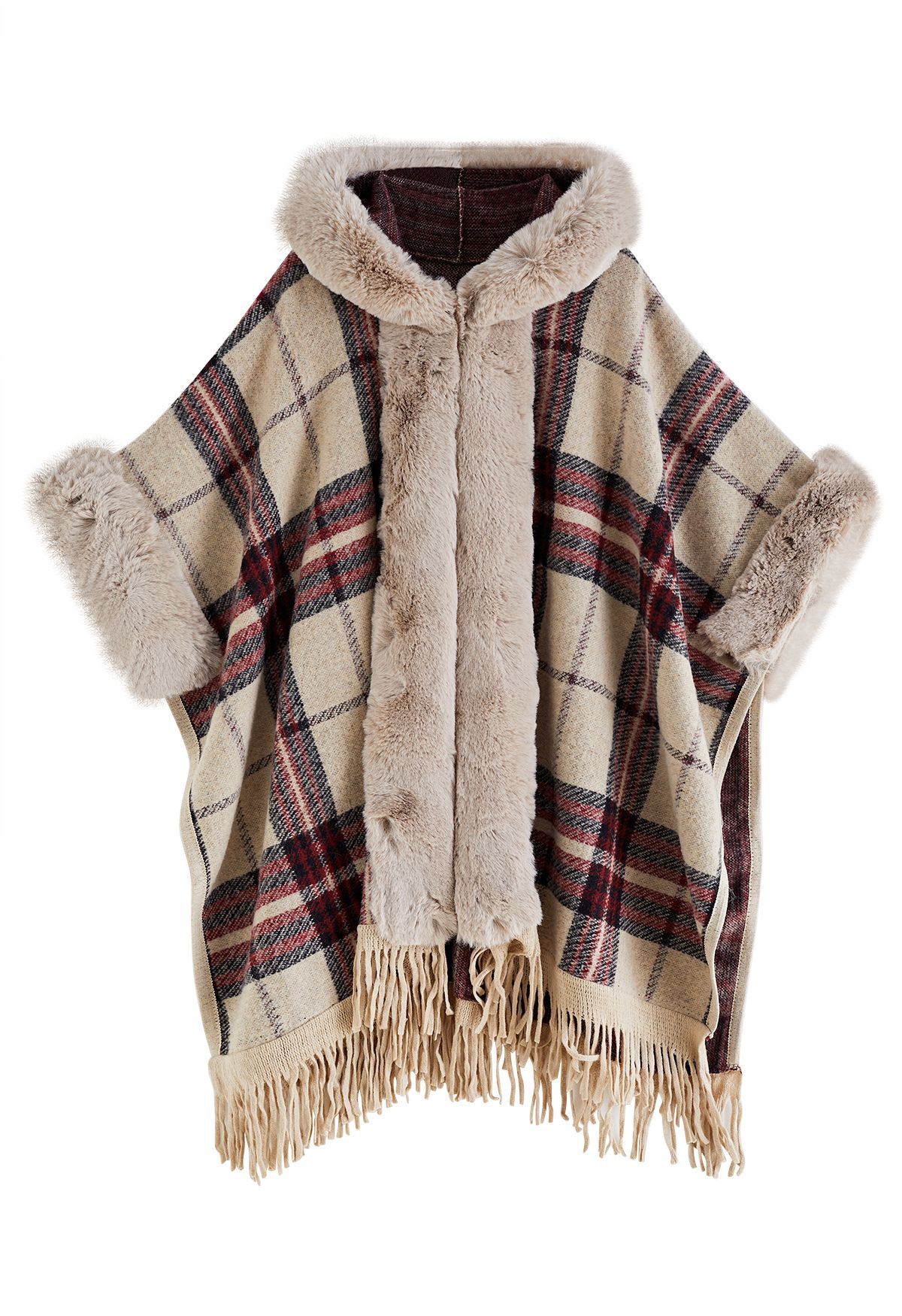 Plaid Fringe Faux Fur Hooded Poncho in Camel