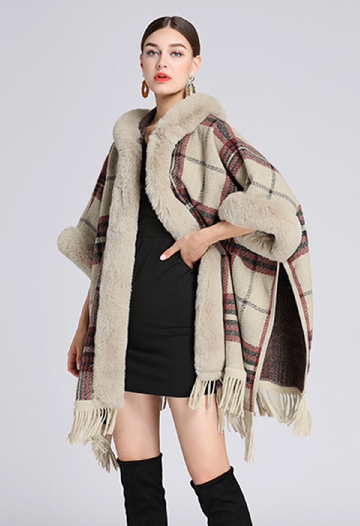 Plaid Fringe Faux Fur Hooded Poncho in Camel