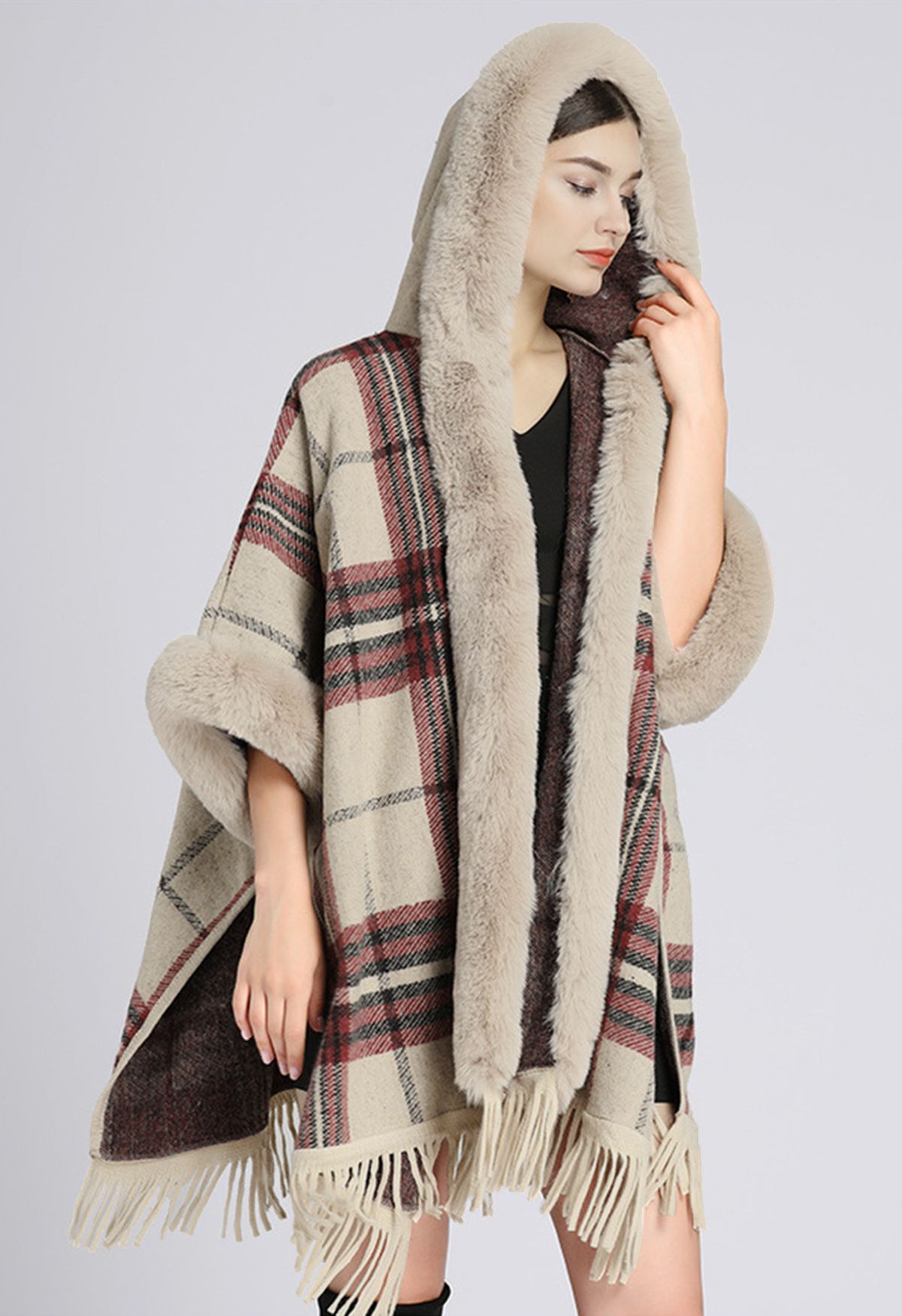 Plaid Fringe Faux Fur Hooded Poncho in Camel