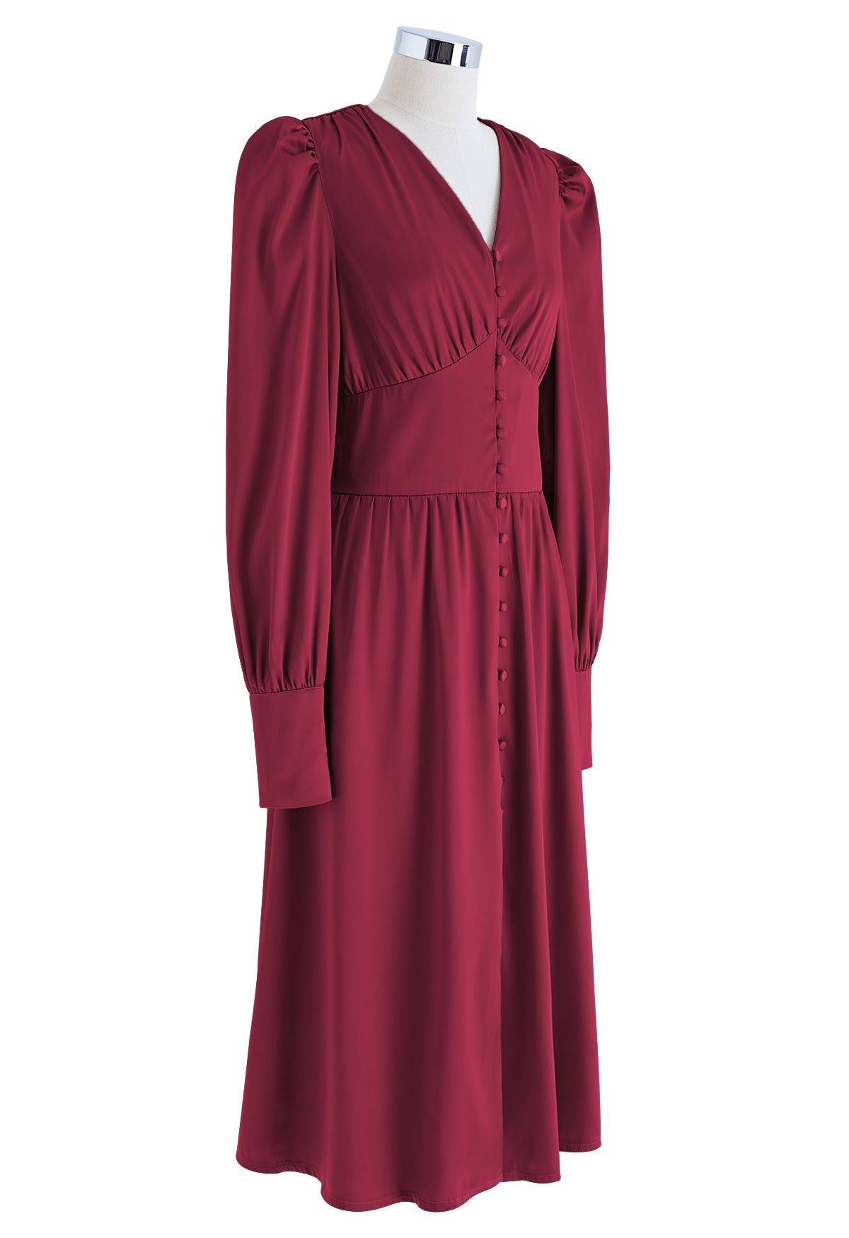 Puff Sleeves Button Up Satin Midi Dress in Burgundy