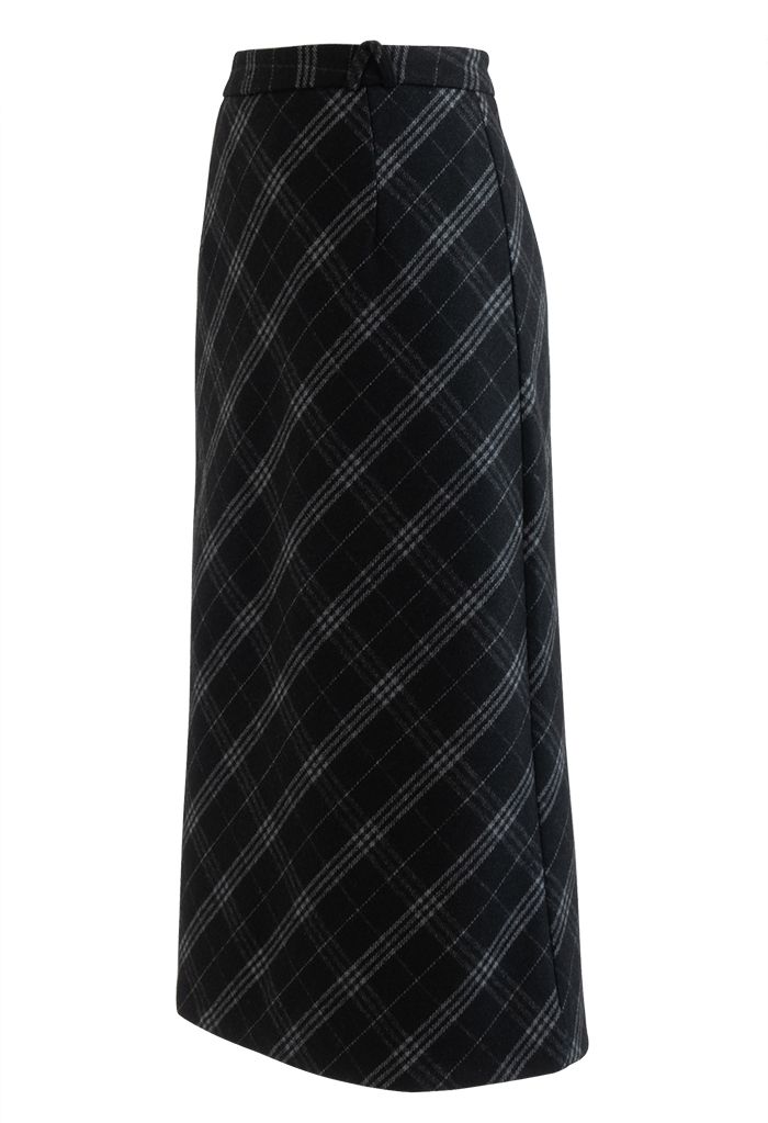 Plaid Print Wool-Blend Pencil Midi Skirt in Black
