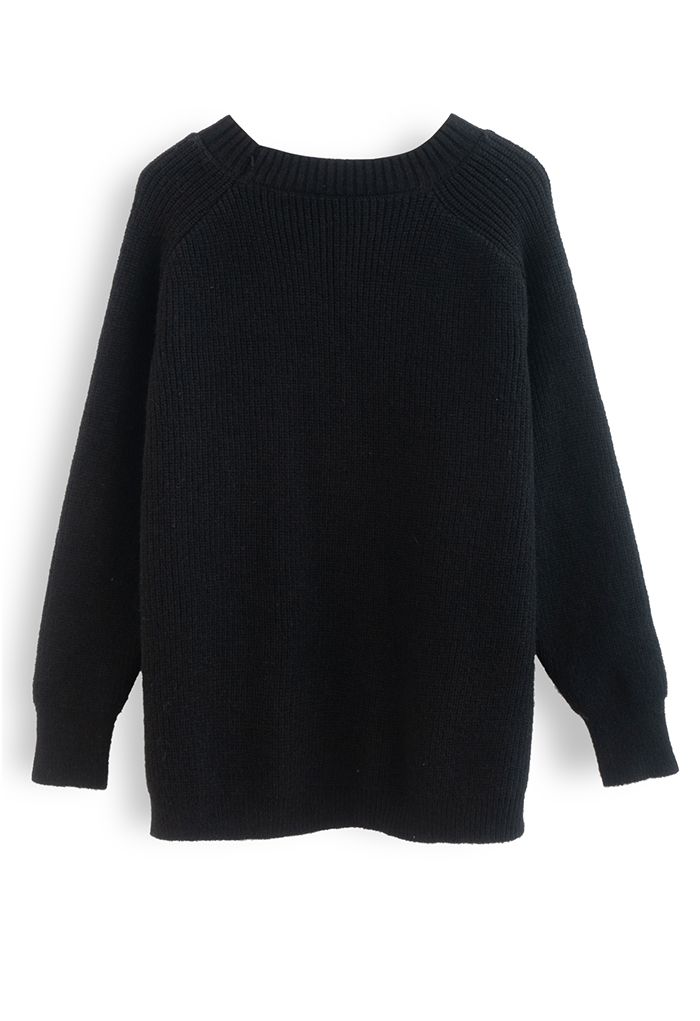 羅紋針織愛心寬鬆型毛衣-黑色