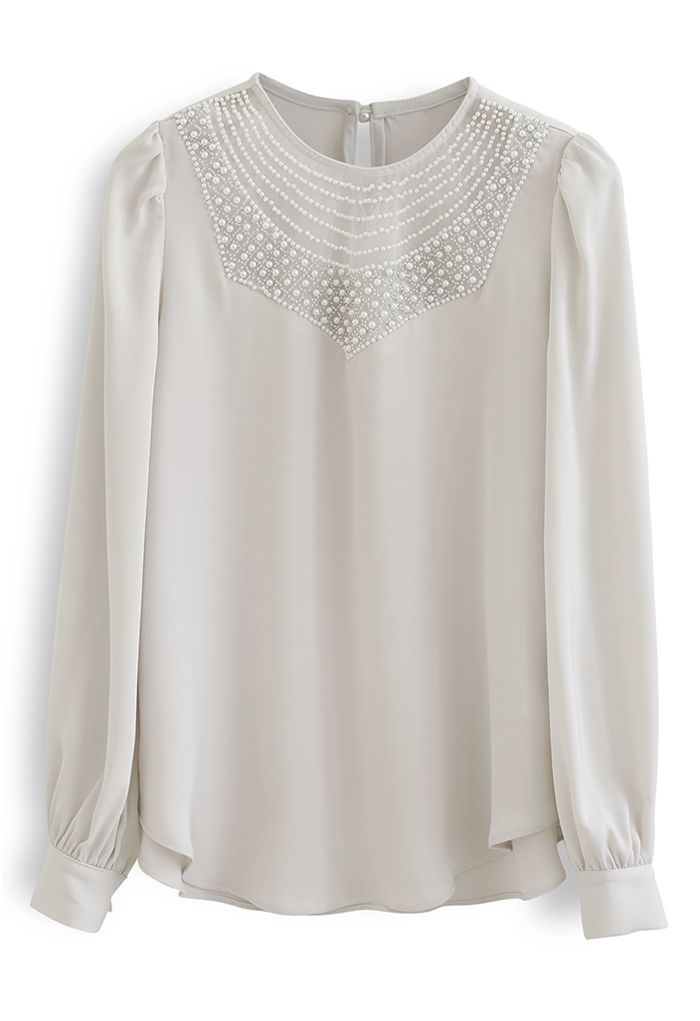 Beyond Gorgeous Pearl Neck Satin Top in Sand