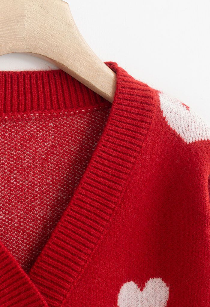 愛心圖案短款針織開衫-紅色