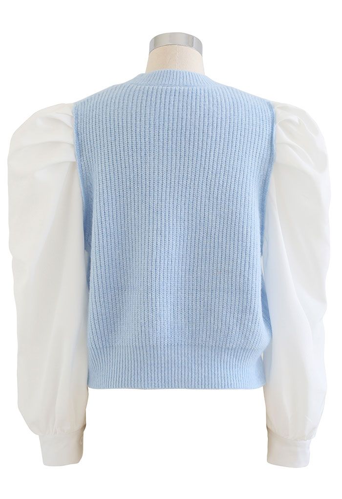 Puff Sleeve Spliced Braid Knit Top in Blue
