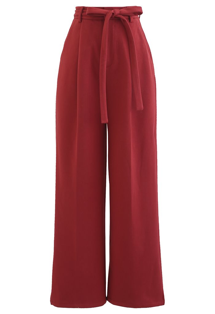 Wool-Blend Straight Leg Belted Pants in Red