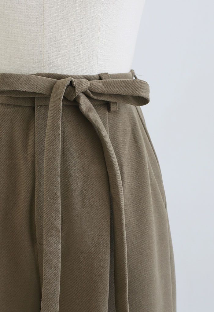 Wool-Blend Straight Leg Belted Pants in Khaki