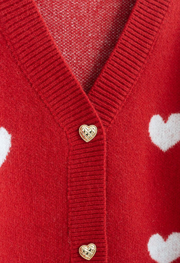 愛心圖案短款針織開衫-紅色
