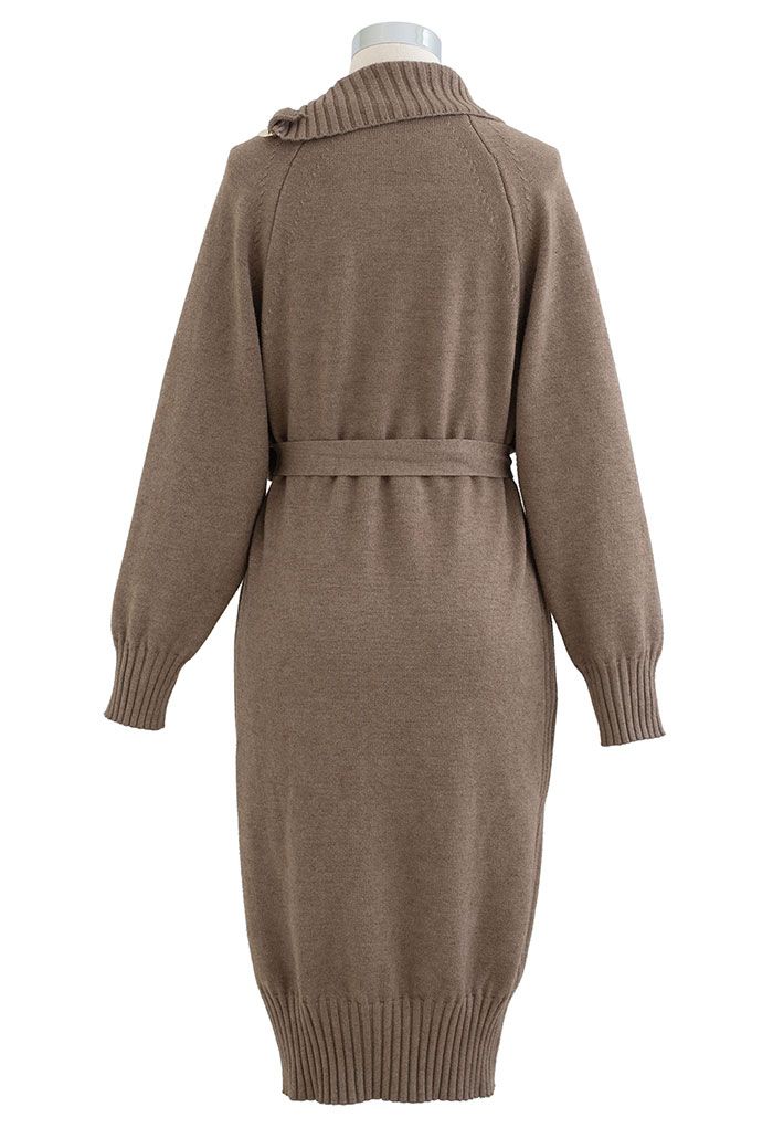 Buttoned Side Flap Collar Knit Midi Dress in Taupe