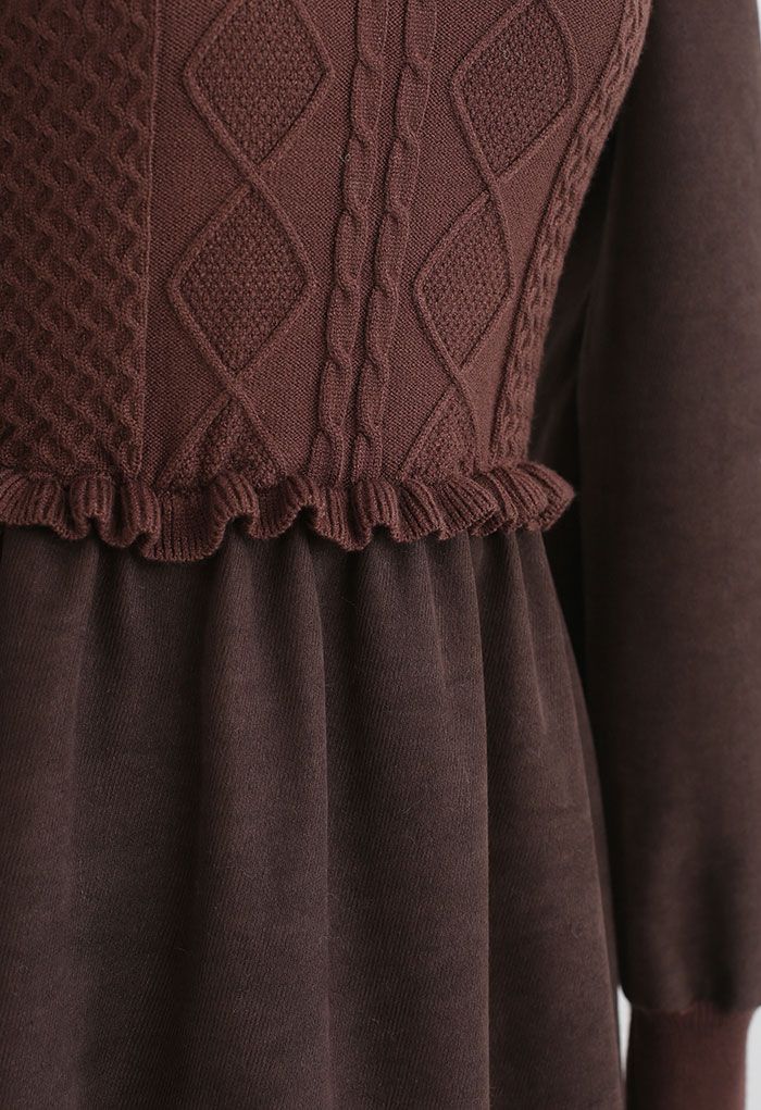 Ruffle Diamond Knit Spliced Midi Dress in Brown