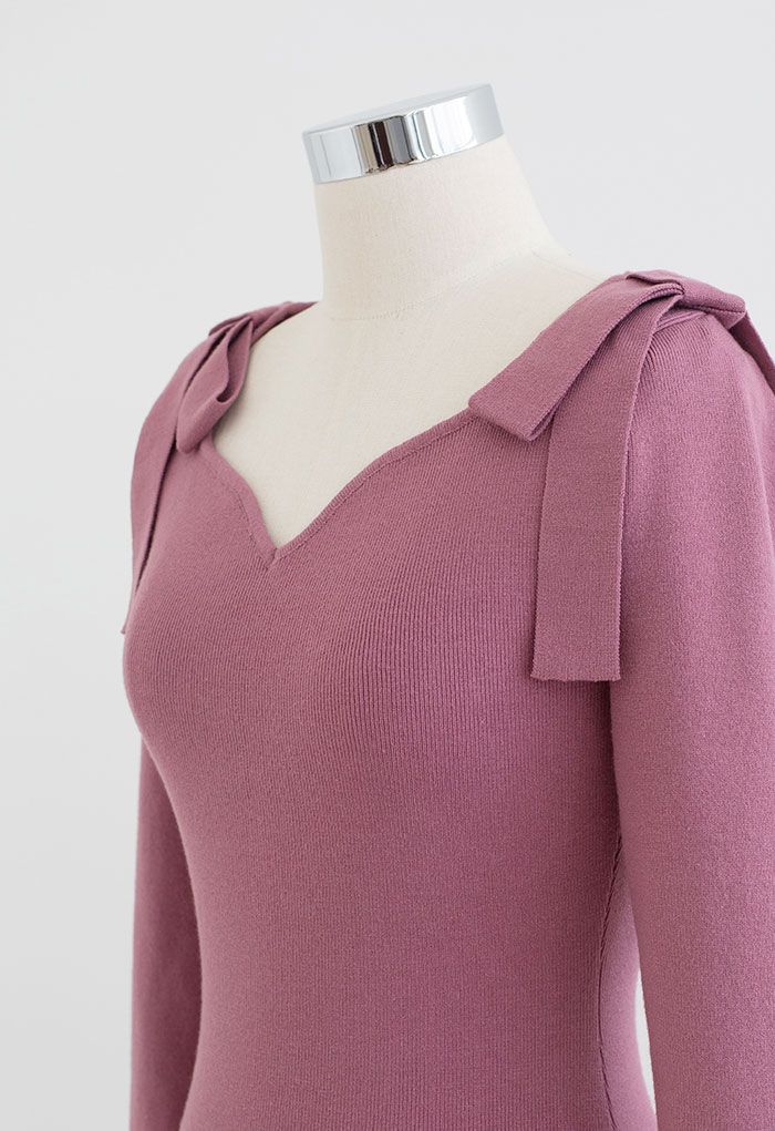 Bowknot Shoulder Split Side Bodycon Knit Dress in Lilac