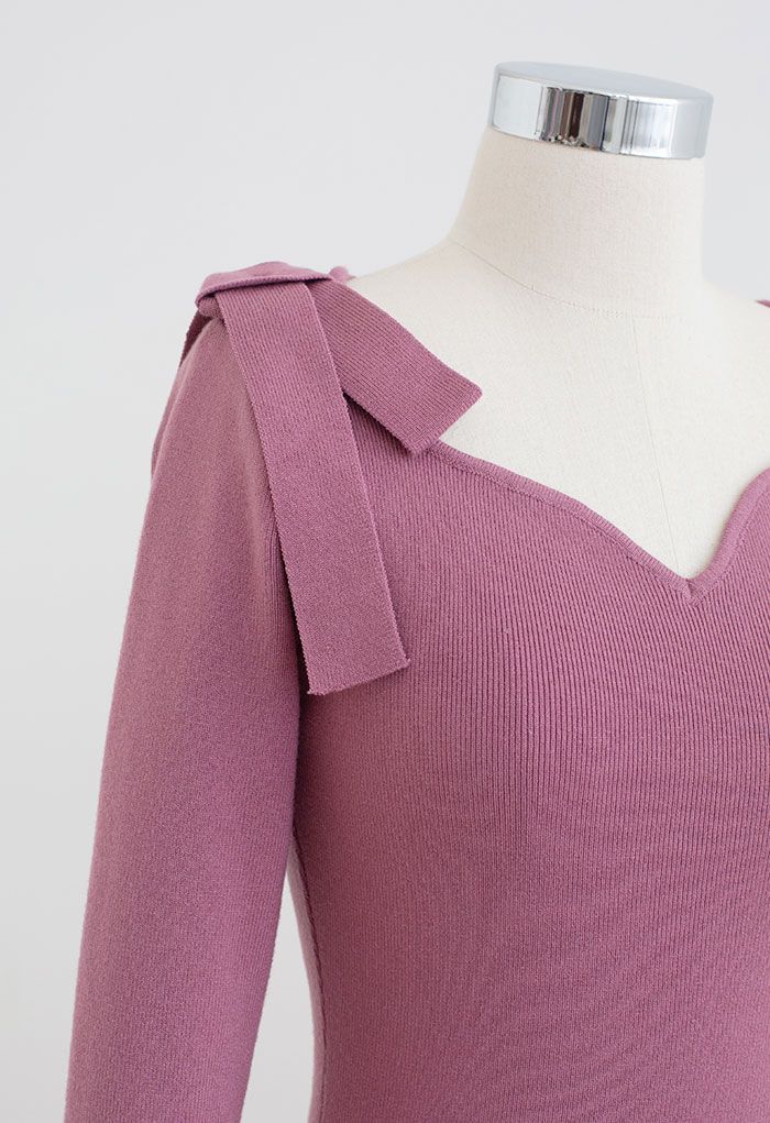 Bowknot Shoulder Split Side Bodycon Knit Dress in Lilac
