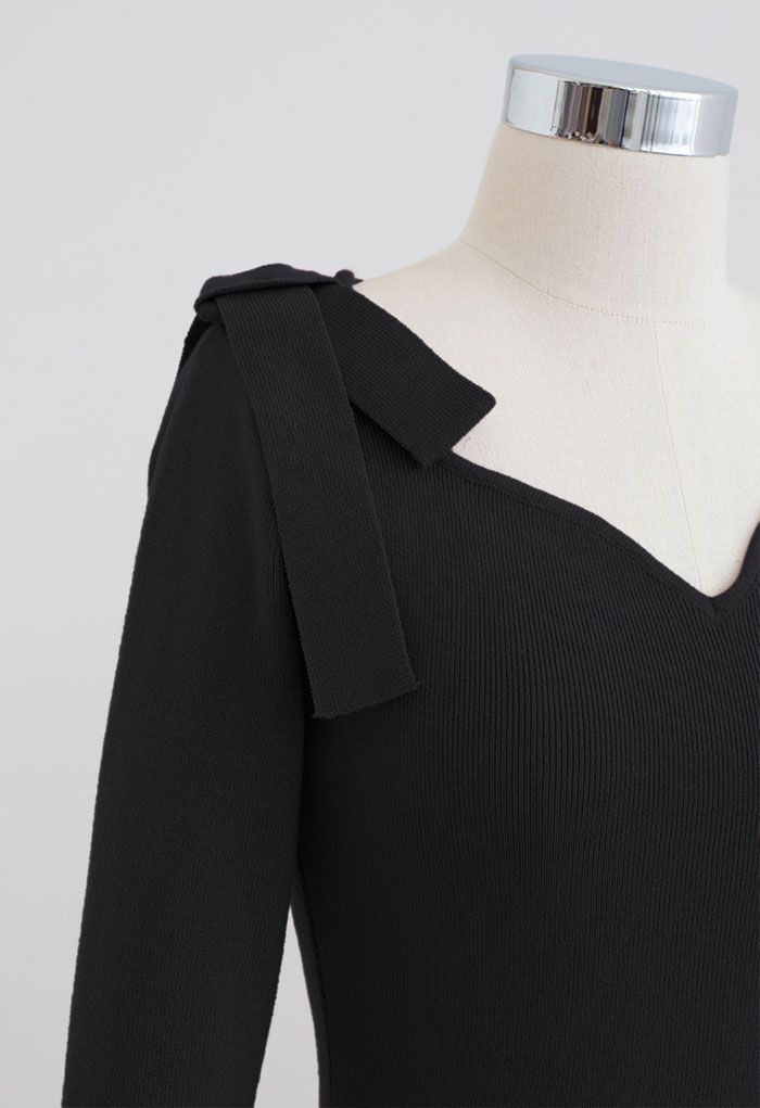 Bowknot Shoulder Split Side Bodycon Knit Dress in Black